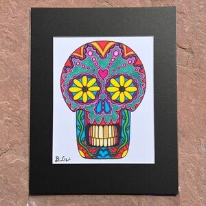 Yellow Daisy Eyes with Heart Third Eye Skull Matted Art Print, NWOT